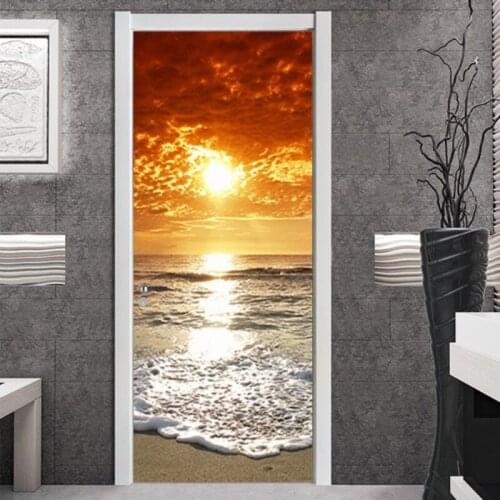 3D Sunset Seascape Door Sticker 90X200Cm Self Adhesive Wallpaper DIY Renovation Waterproof Poster for Bedroom Bathroom-ABUX
