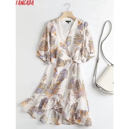 Tangada 2021 Summer Women Flowers Print French Style Chiffon Dress Short Sleeve Ladies Sundress 4C34
