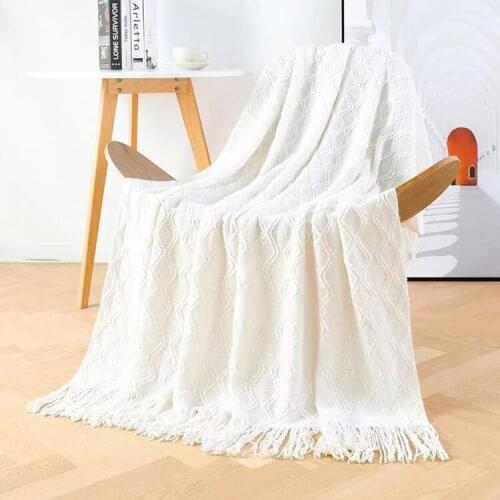 Nordic Knitted Blanket Waffle Embossed Blanket Soft TV Nap Thread Blankets for Sofa Bed Chunky Knit Throw Blanket with Tassel