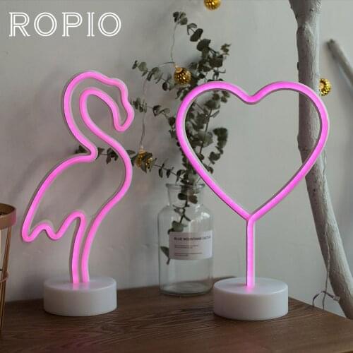 ROPIO LED Neon Abajur Night Light Table Night Lamp Flamingo Angel Heart Battery Operated for Home Wedding Christmas Decoration