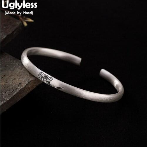 Uglyless 100% Real Solid 999 Fine Silver Handmade Ginkgo Leaf Bangles for Women Round Open Bangle Ethnic Simple Fine Jewelry