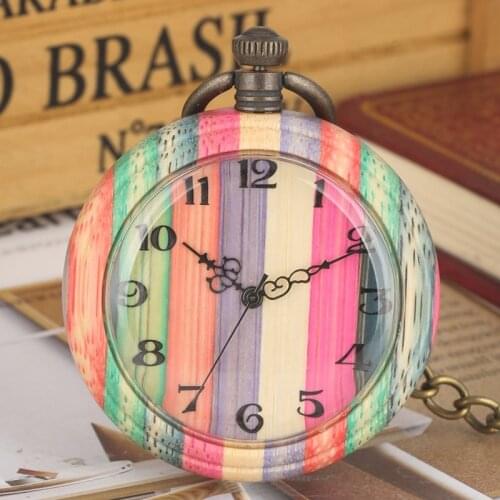 Unique Colorful Wood Quartz Pocket Watch Fashion Candy Mixed Color Wooden Round Case Analog Chain Clock Gift Relojes de bolsillo