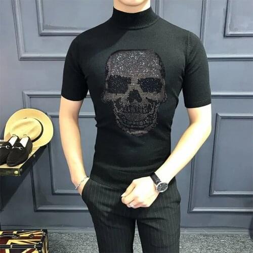 Spring Warm T-Shirt Sweater Comfortable Wool Hot Diamond Craft Skull Head Suitable For Winter Men Knitted Crop O-Neck Kniwear