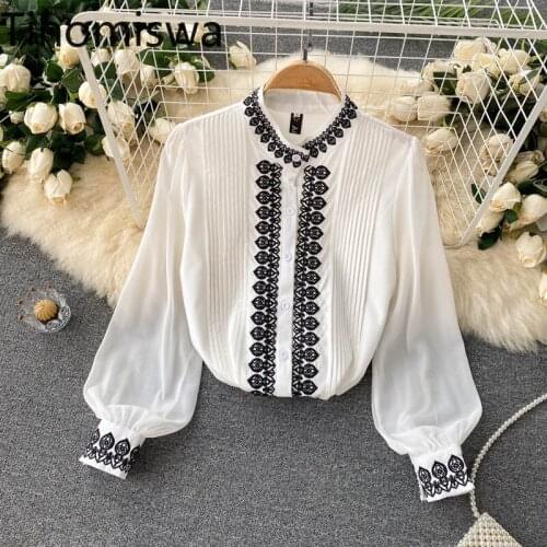 Tinomiswa Embroidery Vintage Shirts Women O Neck Long Sleeve Blouse Contrast Color Single Breasted Elegant Tops Office Ladies