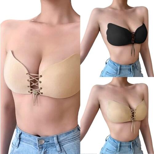 Women Tops Bra Stickers with Adjustable Bandage, Sexy Lifter Gathers Deep V Neck Strapless Clothing