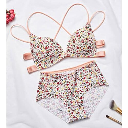 Sexy Flower Print Bra Set Cross Beauty Bcak Women Bras Push Up Front Buckle Lingeries Panties Sets