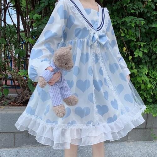 Japanese Harajuku Sweet Lolita Op Dress Women Cute Sailor Collar Lace Tulle Party Dresses Soft Sister Girl Chic Kawaii Bow Dress