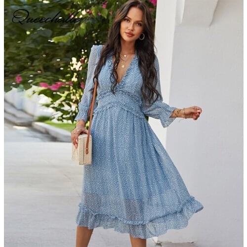 New 2021 Spring Sexy V Neck Print Dress Women Casual Butterfly Sleeve High Waist Dress for Women Party Summer Chiffon Dress