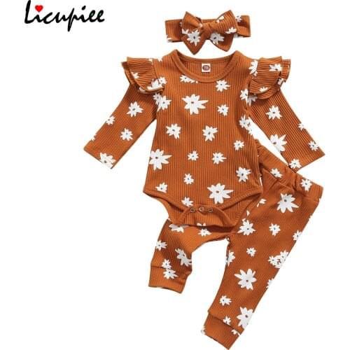 0-18 Months 3pcs Toddler Outfit Floral Ruffled Long Sleeve Romper + Elastic Waist Pants + Headband for Baby Girls Baby Sets