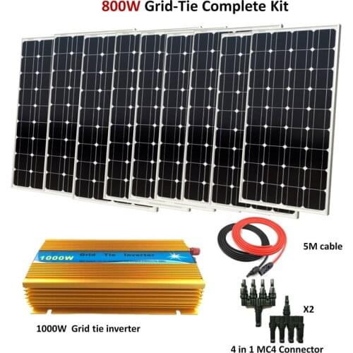800W Glass Solar Panels with 1000W Inverter Grid tie System 8 x 100w mono solar panel home system kit