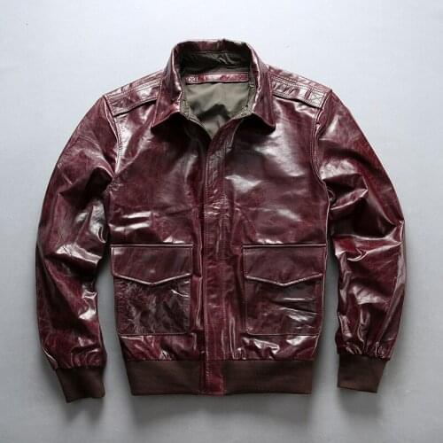 AVIREXFLY 2020 New Men Fuchsia Cow Genuine Leather Air force Jacket Casual Oil wax Cowhide A2 Pilot Jackets Winter Coats