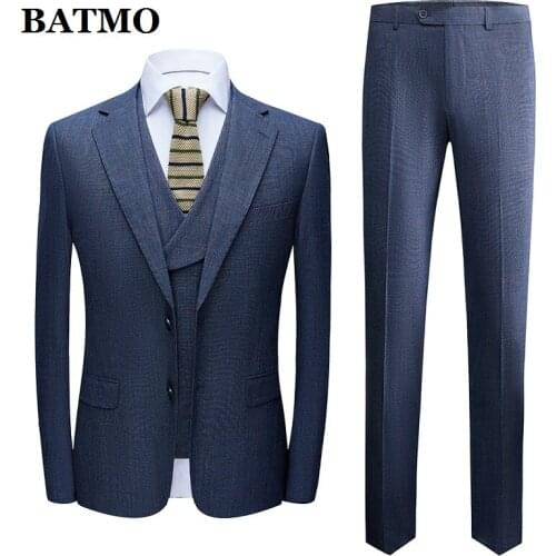 BATMO 2021 new arrival spring plaid casual suits men,mens wedding dress,jackets+pants+vest 1093