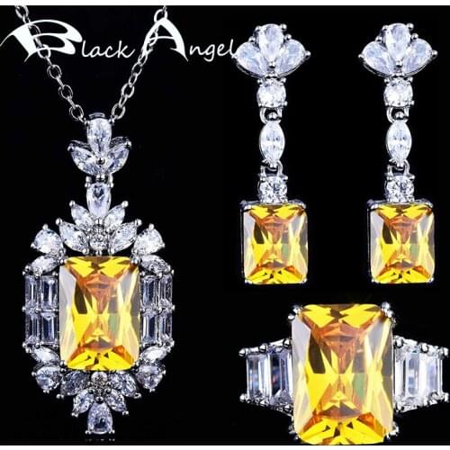 BLACK ANGEL Geometric Pendant Necklace Yellow Rectangle Gemstone Long Earrings Bridal Citrine Jewelry Set for Women Zircon Ring