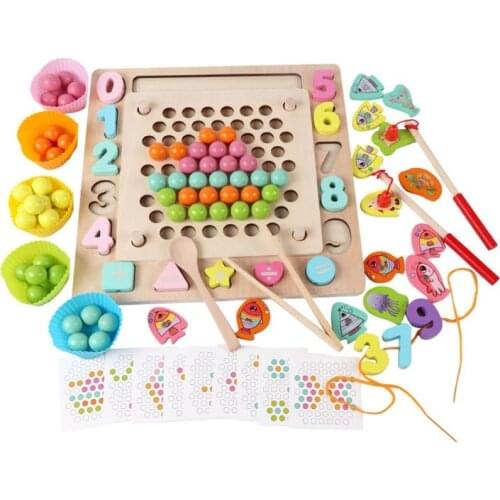 Wooden Toys Parent-Child Interactive Clip Beads Practice Chopsticks Shape Color Recognition Number Pairing Fishing Game