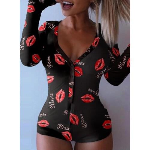 Womens Sexy Butt Buttoned Flap Pajamas Cute Printed Long Sleeve Functional Buttons Design Romper