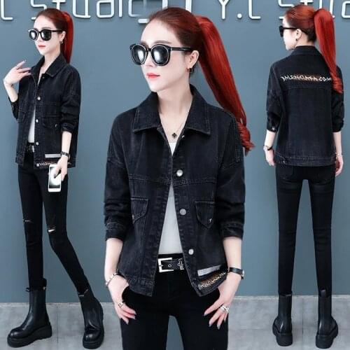 80-200 KG Large Size Black Denim Jacket Women 2021 Spring Autumn Tops New Cowboy Coat Casual Jeans Outwear Female женская куртка
