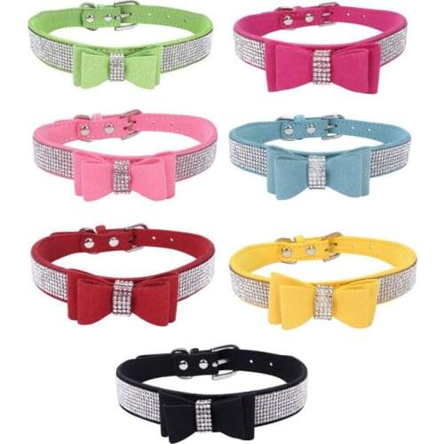 Cute Full Rhinestone Seude Leather Dog Collar Bling Padded Bow Knot Puppy Pet Collar For Small Medium Breeds