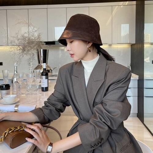 Fashion 2021 Winter Genuine Leather Hat For Women Korean British Basin Caps Japanese Female Black Fisherman Top Fedoras