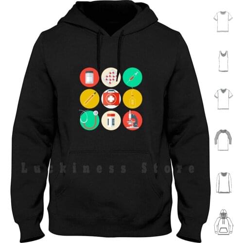 Tools Icons Set. Background With Health Care Stuff. Hoodie Long Sleeve Medicine Stuff Health Icon Set Vector Flat