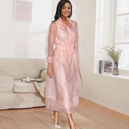 New Summer 2021 Womens Long-sleeved See-through Dress With A Two-piece Gauze Lining And Sexy Outer Leak Belt Button Casual Dress