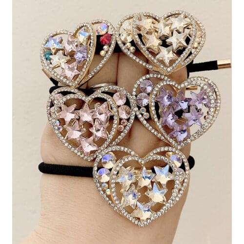 New Temperament Heart-Shaped Rhinestone Black Hair Ring Net Red Small Fresh Star Crystal Hair Rope Tie Pony Tail Headdress
