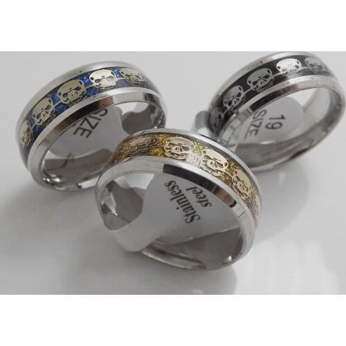 Wholesale 36 pcs 8mm Fashion Comfortable Black gold blue Ghost head Stainless steel rings