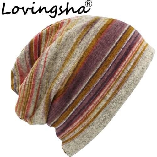 LOVINGSHA Autumn Winter Thin Women Skullies Beanies Striped Design Hats For Men Fashion Feminino Multifunction Scarf HT109