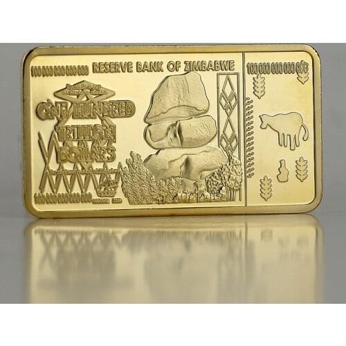 Zimbabwe 100 Trillion Commemorative Coins Square Plated Gold Bullion Square Gold Bullion Commemorative Coins Crafts Collection