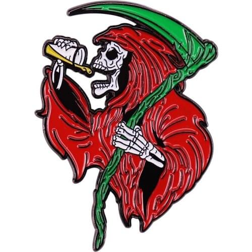 Drinkin' Reaper Skeleton Death Christmas Edition Enamel Pin Brooch