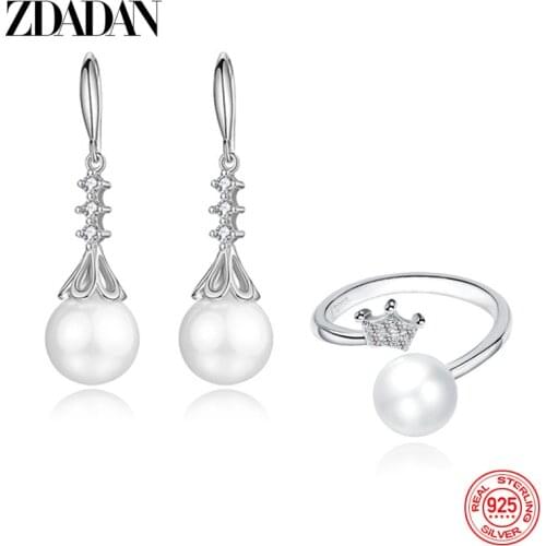 ZDADAN 925 Sterling Silver Pearl Zircon Ring Earring Jewelry Set For Women Fashion Wedding Party Gift