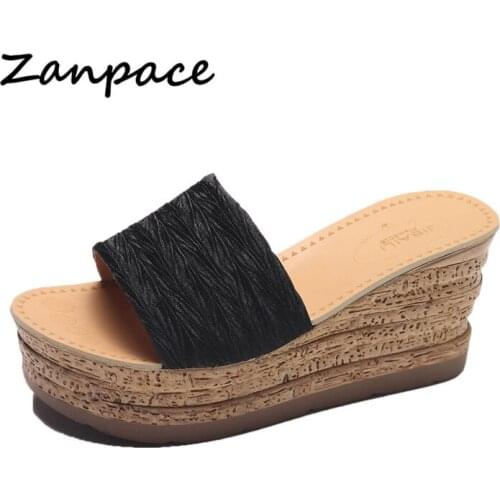 Summer High Heels Slippers Women Cotton Fabric Outside Thick Beach Shoes Solid Waterproof Simple High Wedges Sandals Slides