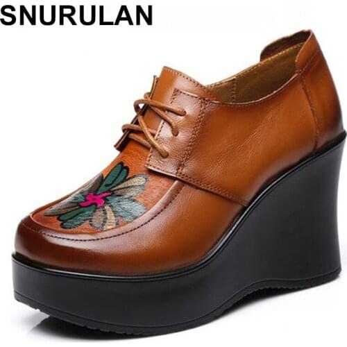 SNURULANWomen Shoes Elegant Platform Wedges High Heels 2019 New Fashion Spell Color Printing Genuine Leather Shoes Woman Shoes