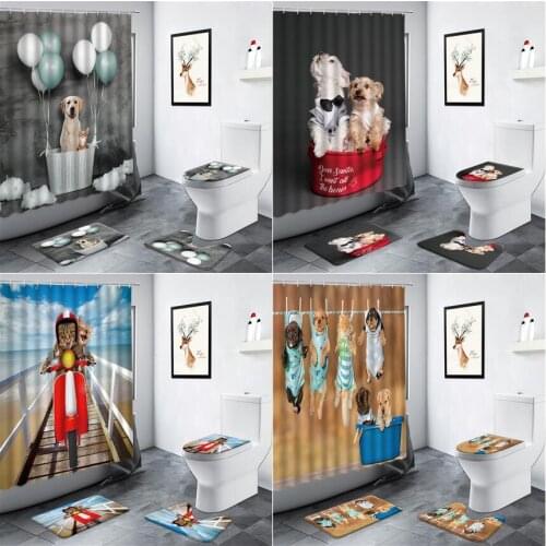 Funny Animals Cat Dog Shower Curtain Balloon Cute Pet Ocean Scenery Home Decor Bathroom Carpet Non-slip Rug Toilet Bath Mats Set