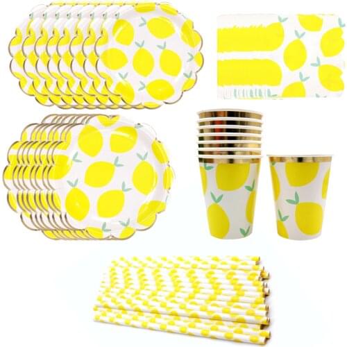 Yellow Disposable Paper Lemon Tableware Set Bronzing Plates Cups Straw For Baby Shower Birthday Festival Party Supply Kids Favor