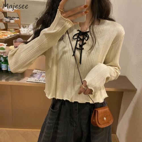 Casual T-shirts Women Solid Wood Ears Bandage Long Sleeve O-Neck Plus Size 3XL Candy Color Kroean Style Basic Tees Female Tops