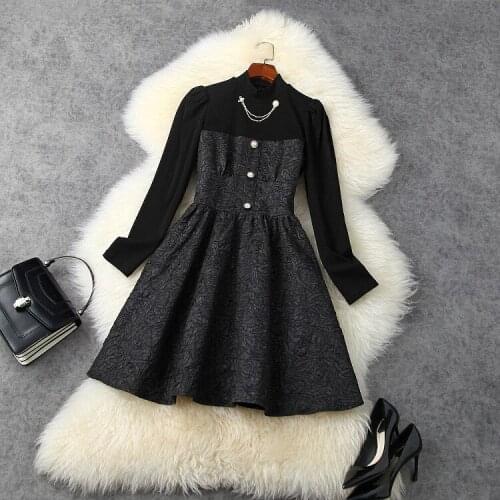 European and American womens wear 2020 winter new style Long sleeve knitted stitching jacquard Fashionable black dress