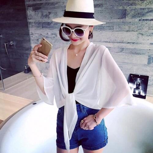 Women Open Front 3/4 Sleeve Anti-UV Coverup Blouse Sheer Shrug Thin Cardigan Coverups for Women Swimsuit Cover Up Beach Woman