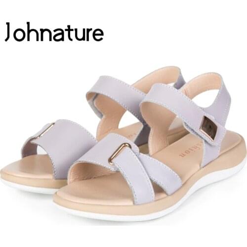 Johnature 2020 New Summer Casual Bling Hollow Breathable Genuine Leather Women Platform Sandals Wedges Casual Shoes Med Heels