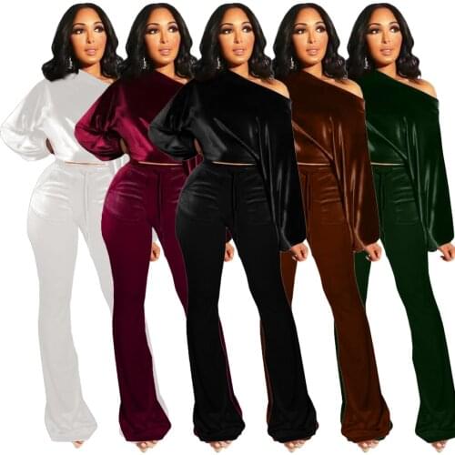 Women Velvet 2pcs Sets Casual Long Sleeve One Shoulder Crop Top Jogging Wide Leg Pants Suit Autumn Sporty Tracksuit Outfits