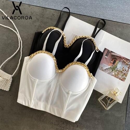Women Sexy Chain Corset Cropped Top Vest Off-Shoulder Skinny Solid Crop Top Female Fashion Spaghetti Straps Outfits Trendy