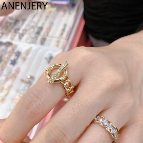 ANENJERY 925 Sterling Silver Geometric Chain OT Rings For Women Micro-Inlaid zircon Index Finger Open Rings Light Luxury Jewelry
