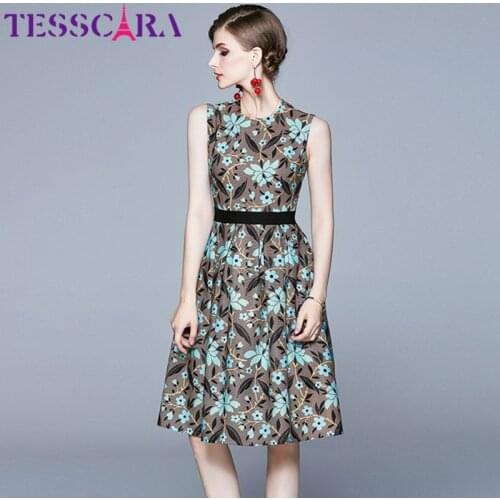 TESSCARA Women Summer Elegant Print Dress Festa Female Cocktail Party Robe High Quality Vintage Designer Office Tank Vestidos