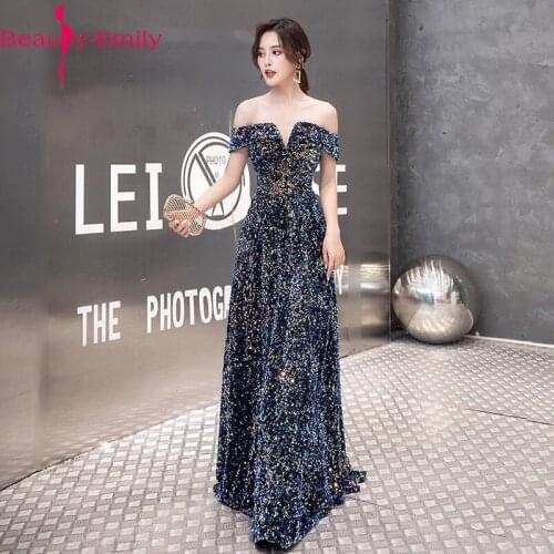Beauty Emily 2020 Sexy Boat Neck Lace Sequined Evening Dress Long Elegant Off the Shoulder Zipper Back Formal Dress Vestidos