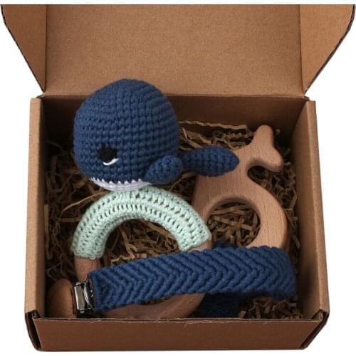 1 Set Baby Newborn Knitted Cotton Dolphin Wooden Ring Teether+Pacifier Clip Chain Dummy Holder DIY Crochet Rattle Bracelet Sooth