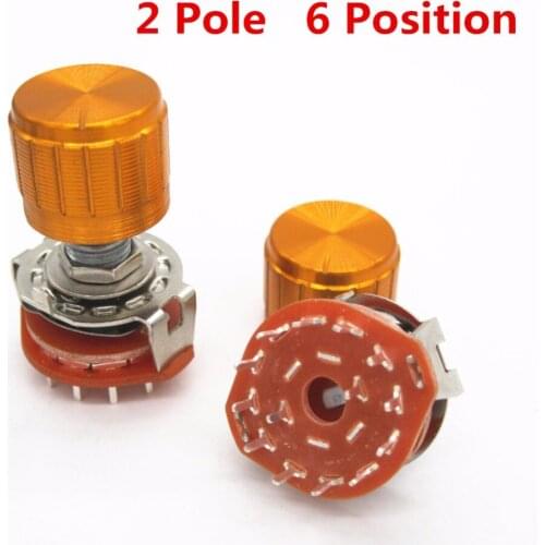 2pcs High-quality Shaft Panel Mount 2P6T Rotary Switch Selector Band 2 Pole Position 6 RS25 +2pcs yellow aluminium alloy knob