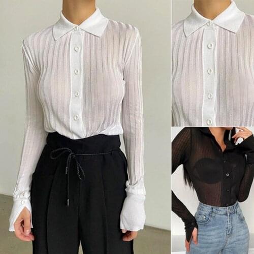 Sexy Knitted See Through Elastic Blouse Women Turndown Collar Long Sleeve Slim Shirt Party Streetwear