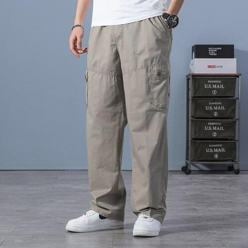Mens Relaxed Fit Cotton twill Cargo work pants Big & Tall Outdoor Casual Elastic Waist baggy lightweight straight mens trousers