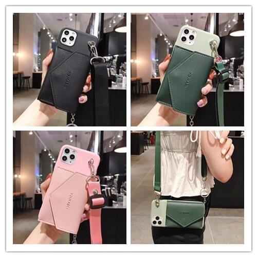 Card Pocket Case for iPhone 12 Mini iPhone 11 Pro Max Neck Strap Crossbody Lanyard Coin Bag Wallet Case Cover Fundas