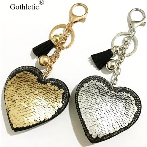 Gothletic Two Tone Gold/Silver Color Sequin Puffy Heart Key Ring Bag Accessories