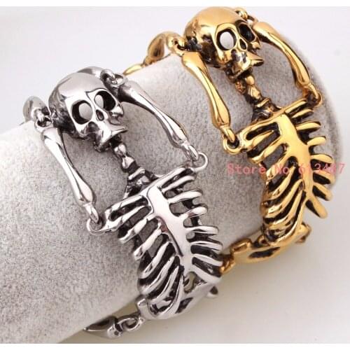 European Halloween Punk Skull Skeleton Bracelet For Men Gold Or Silver Color Stainless Steel Heavy Biker Bangle Jewelry